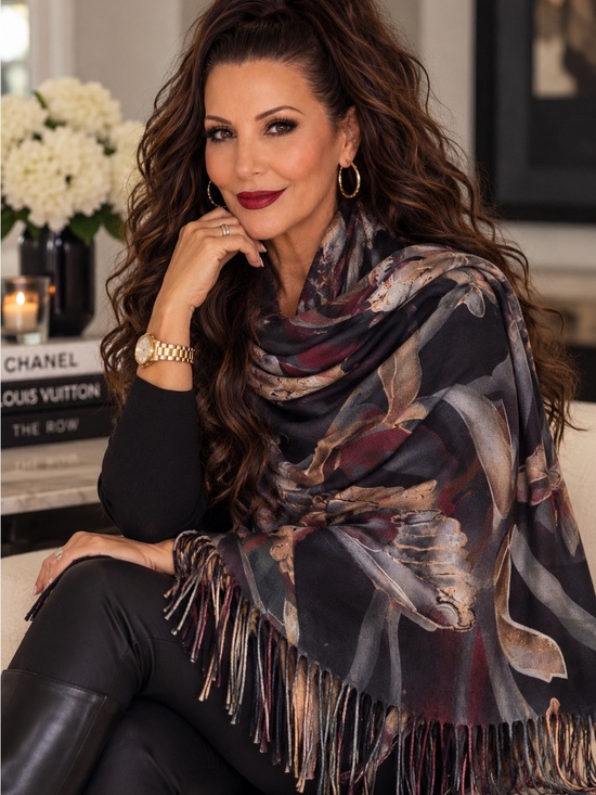 Accessories - Floral Fringe Wrap Scarf - Black & Burgundy
